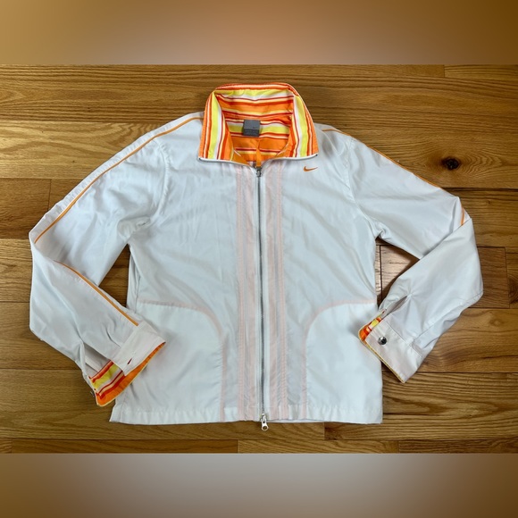 💲8️⃣ Nike Women's Large Windbreaker Jacket White Orange Yellow Full Zip Front - Picture 1 of 8